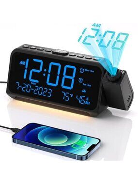 Projection Alarm Clock Ceiling Display Dual Alarm USB Charging Temp Humidity